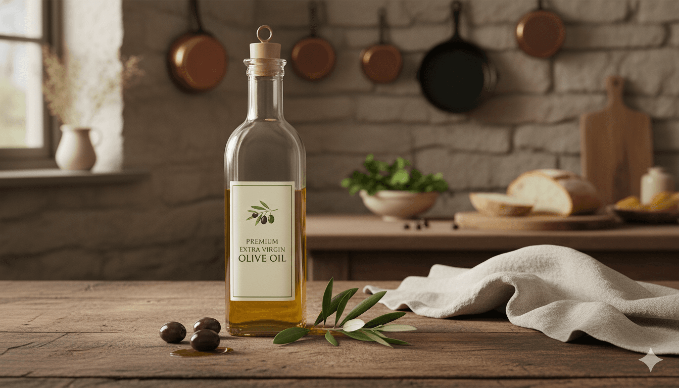warm inviting rustic kitchen with olive oil bottle